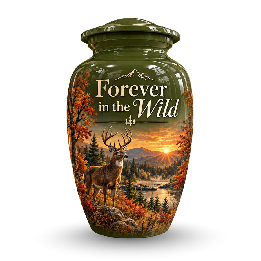 autumn buck sunset cremation urn for human ashes, handmade aluminum – photo 1