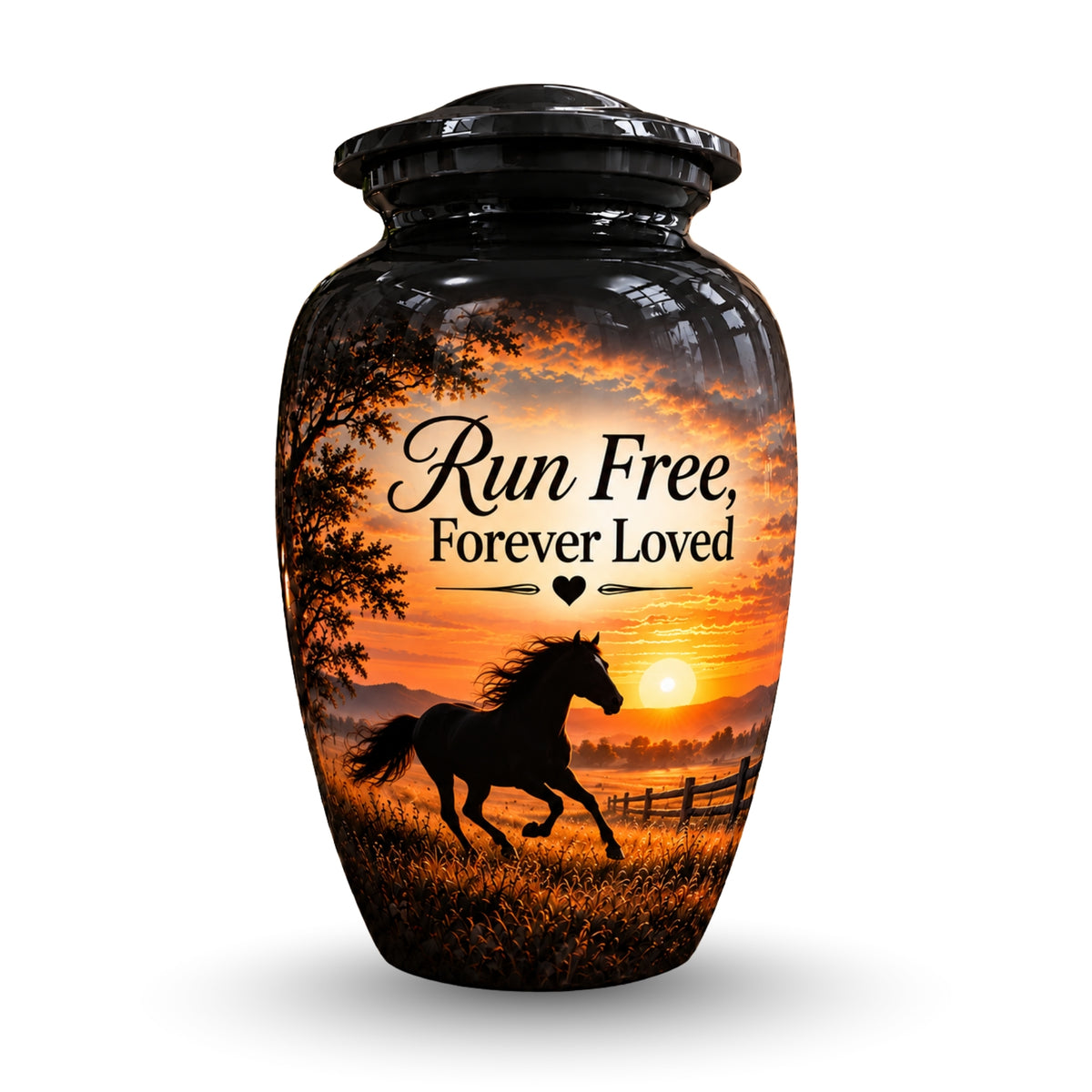 galloping horse sunset cremation urn for human ashes, handmade aluminum – photo 1