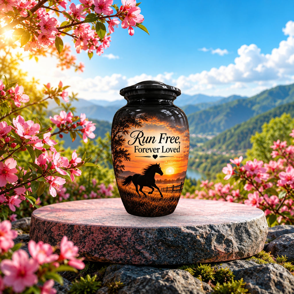 galloping horse sunset cremation urn for human ashes, handmade aluminum – photo 2