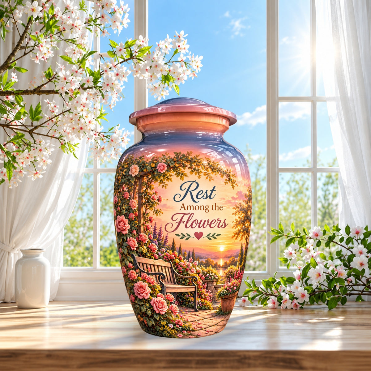 Rose Garden Bench Sunset Cremation Urn for Human Ashes – Personalized Handmade Aluminum Urn