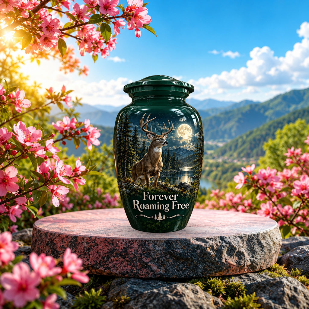 moonlit buck forest lake cremation urn for human ashes, handmade aluminum – photo 2