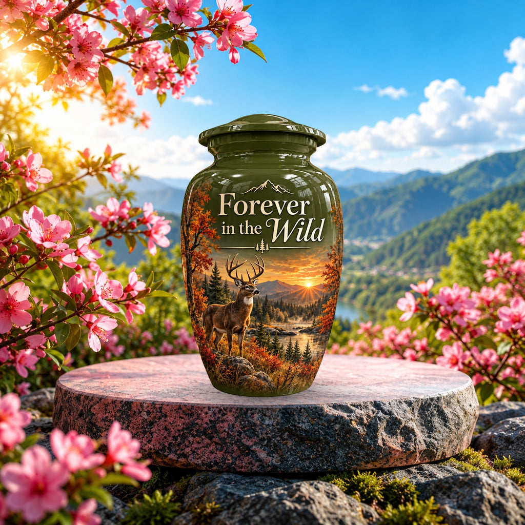 autumn buck sunset cremation urn for human ashes, handmade aluminum – photo 2