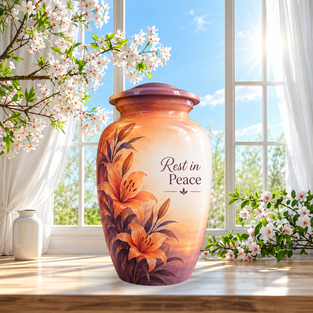 Orange Lily Memorial Cremation Urn for Human Ashes – Personalized Handmade Aluminum Urn