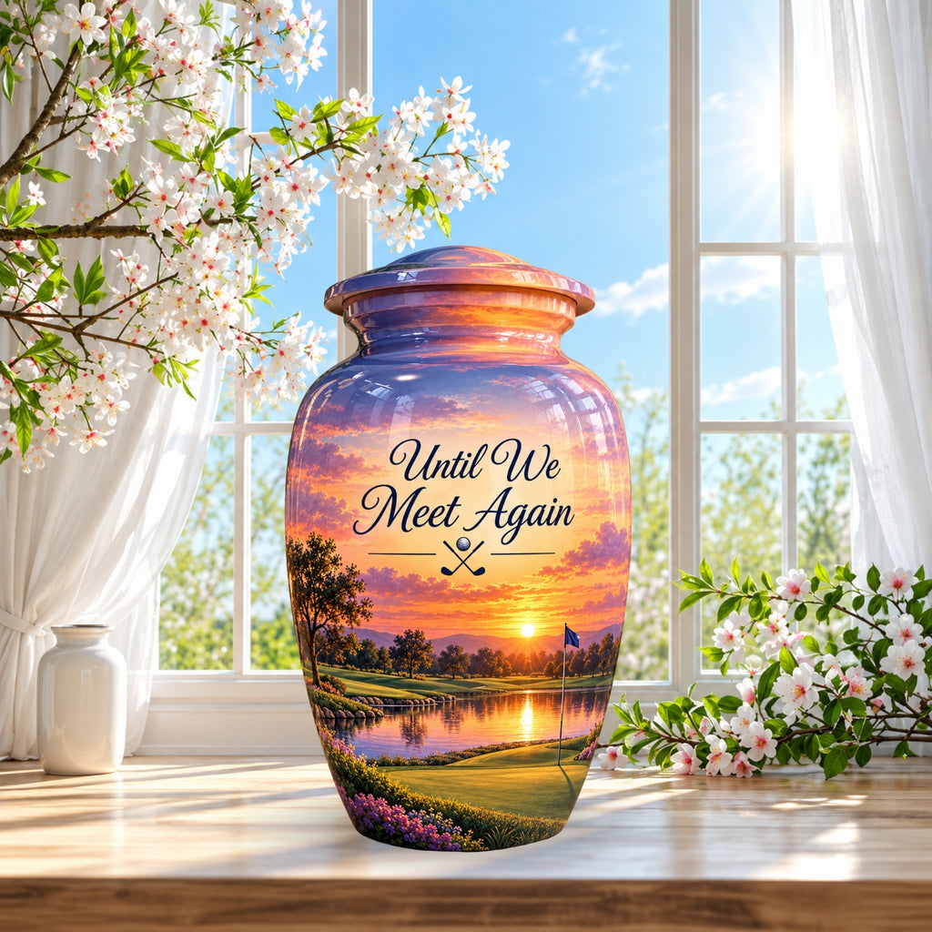 Golf Bag and Ball Sunset Cremation Urn for Human Ashes – Personalized Handmade Aluminum Urn