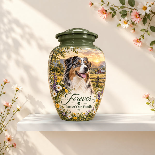 Blue Merle Australian Shepherd cremation urn for dog ashes with personalized photo and name