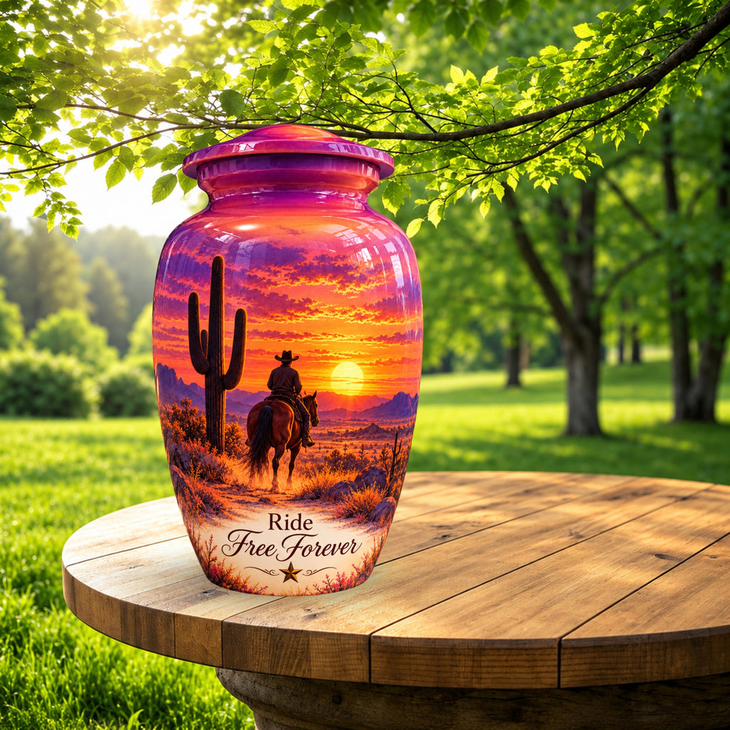 Cowboy Sunset Ride Cremation Urn for Human Ashes – Personalized Handmade Aluminum Urn