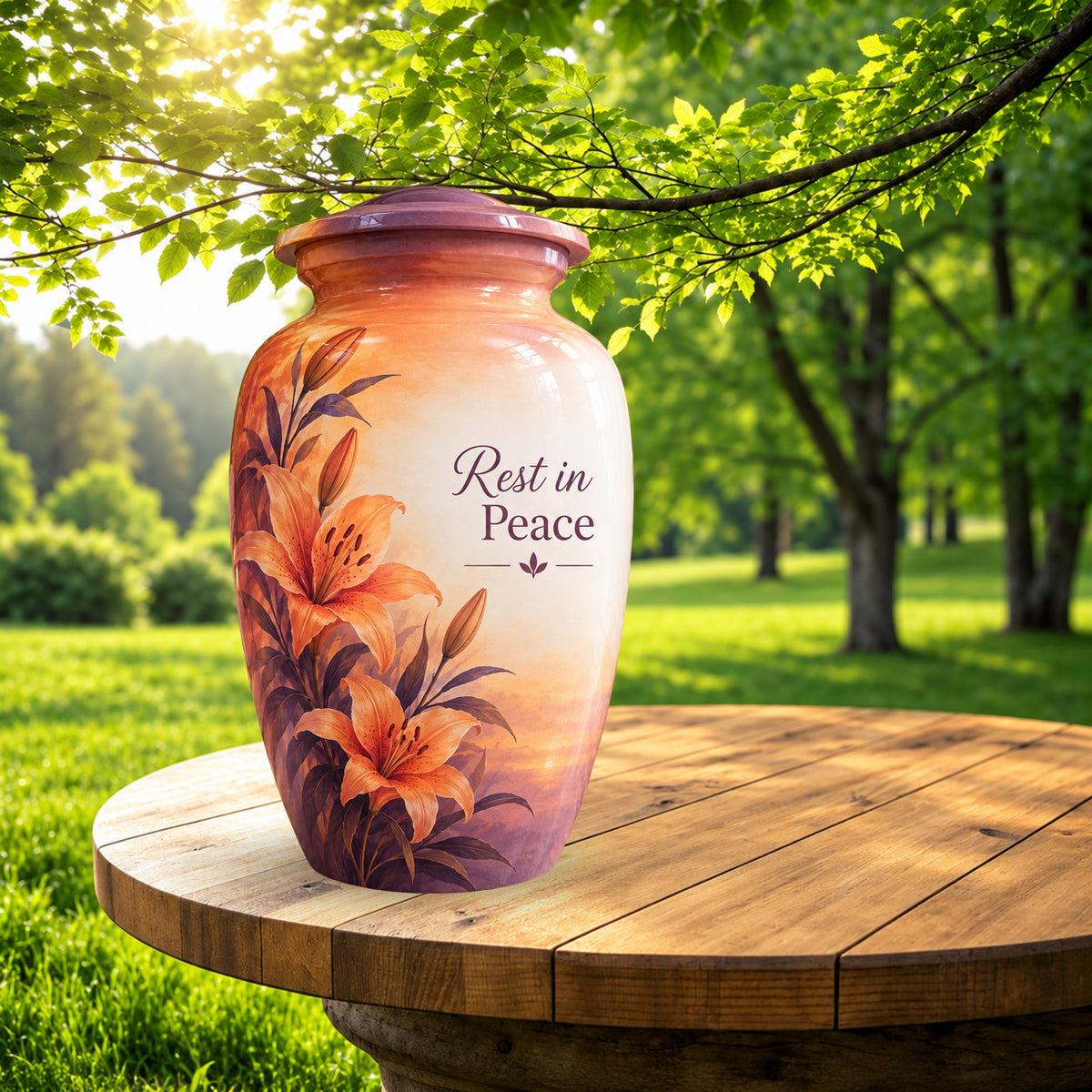 Orange Lily Memorial Cremation Urn for Human Ashes – Personalized Handmade Aluminum Urn