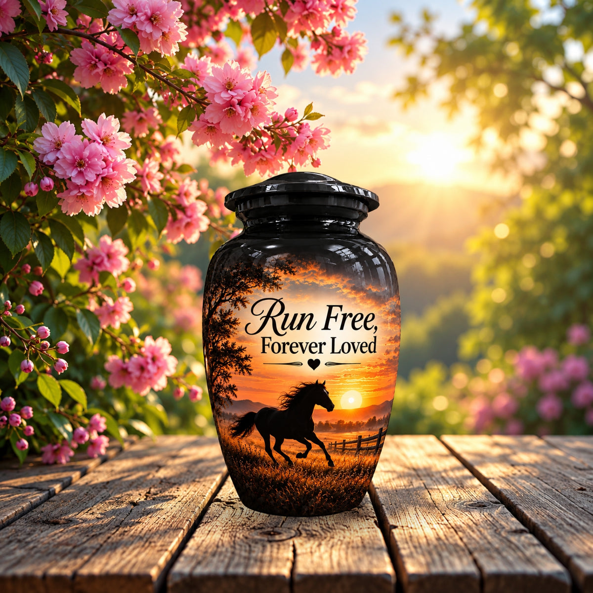 galloping horse sunset cremation urn for human ashes, handmade aluminum – photo 3