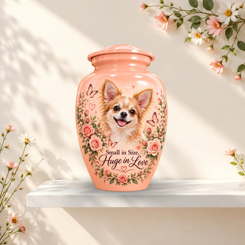 Long-Haired Chihuahua cremation urn for dog ashes with personalized photo and name
