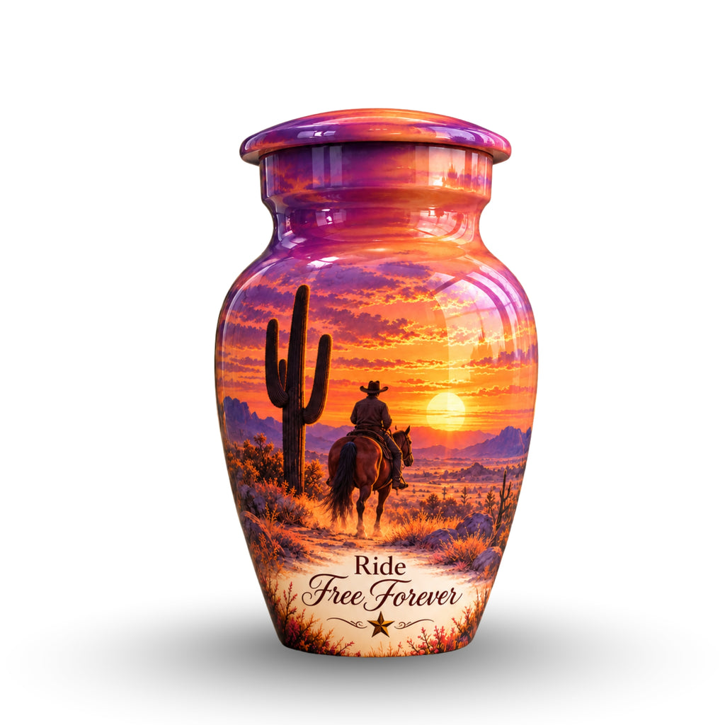 Cowboy Sunset Ride Cremation Urn for Human Ashes – Personalized Handmade Aluminum Urn