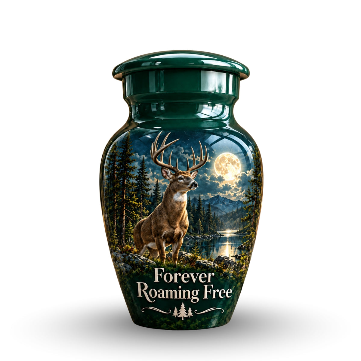 moonlit buck forest lake cremation urn for human ashes, handmade aluminum – photo 4