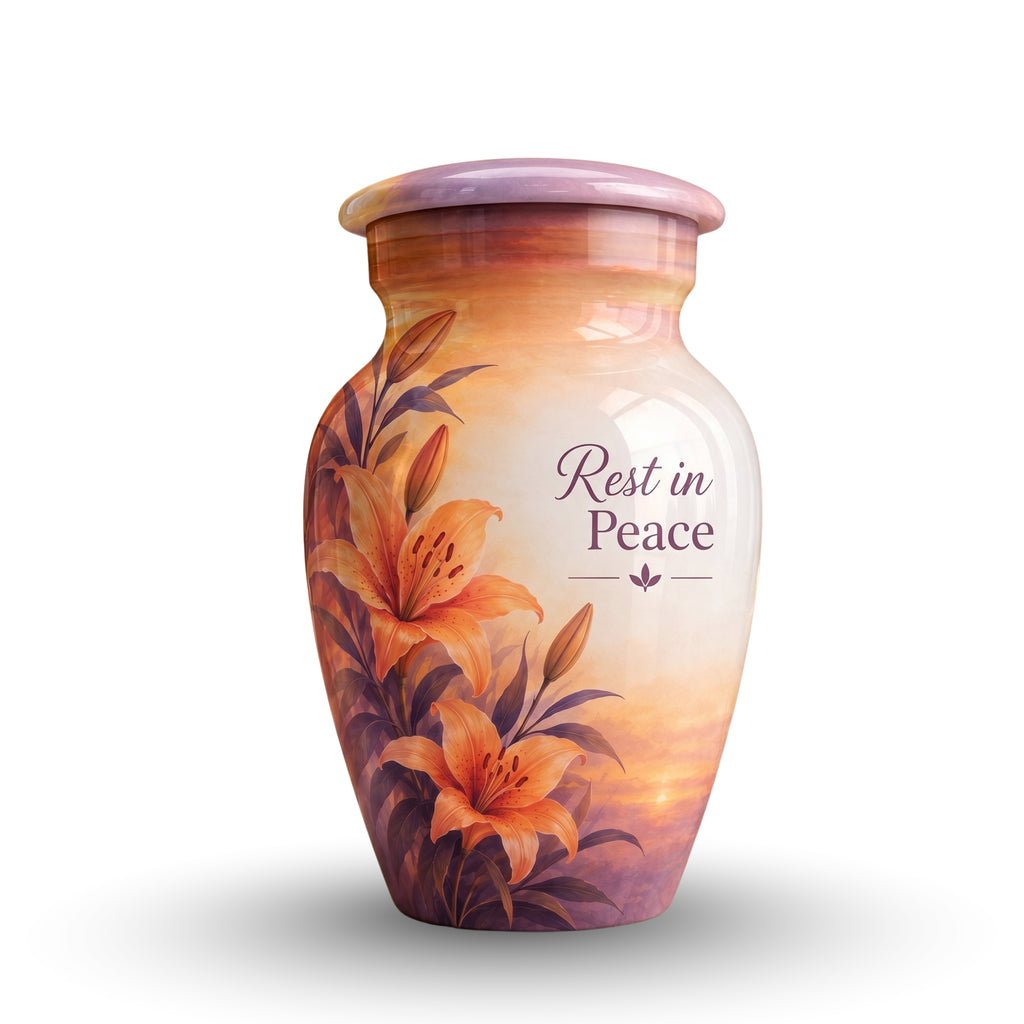 Orange Lily Memorial Cremation Urn for Human Ashes – Personalized Handmade Aluminum Urn