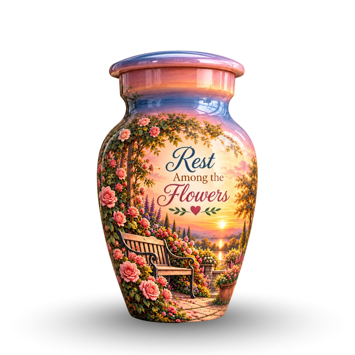 Rose Garden Bench Sunset Cremation Urn for Human Ashes – Personalized Handmade Aluminum Urn