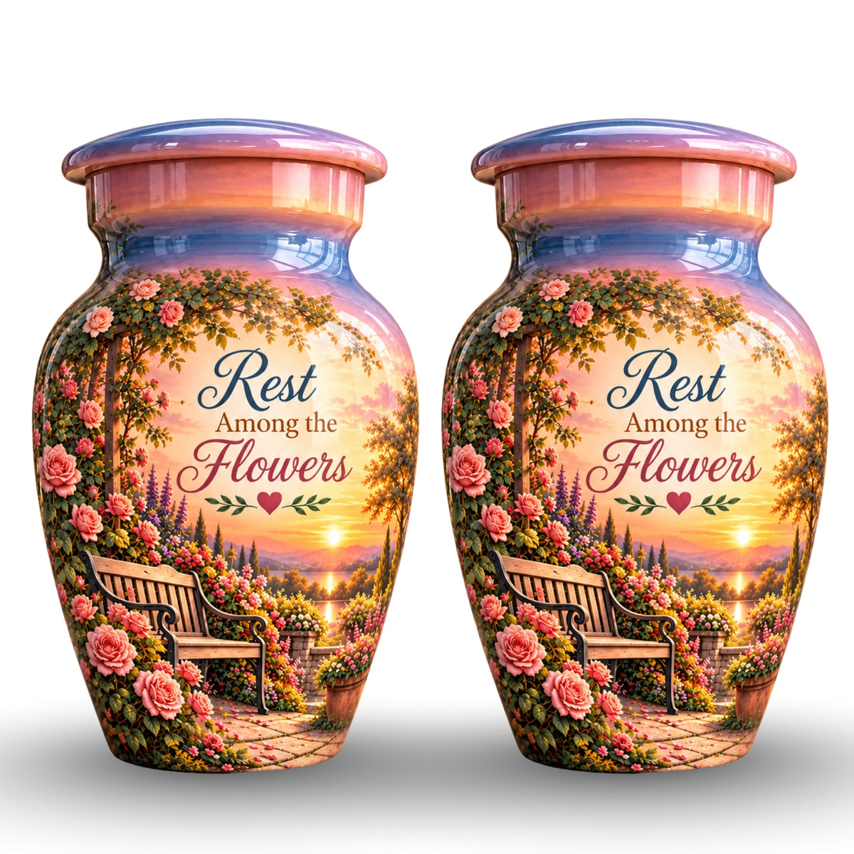 Rose Garden Bench Sunset Cremation Urn for Human Ashes – Personalized Handmade Aluminum Urn