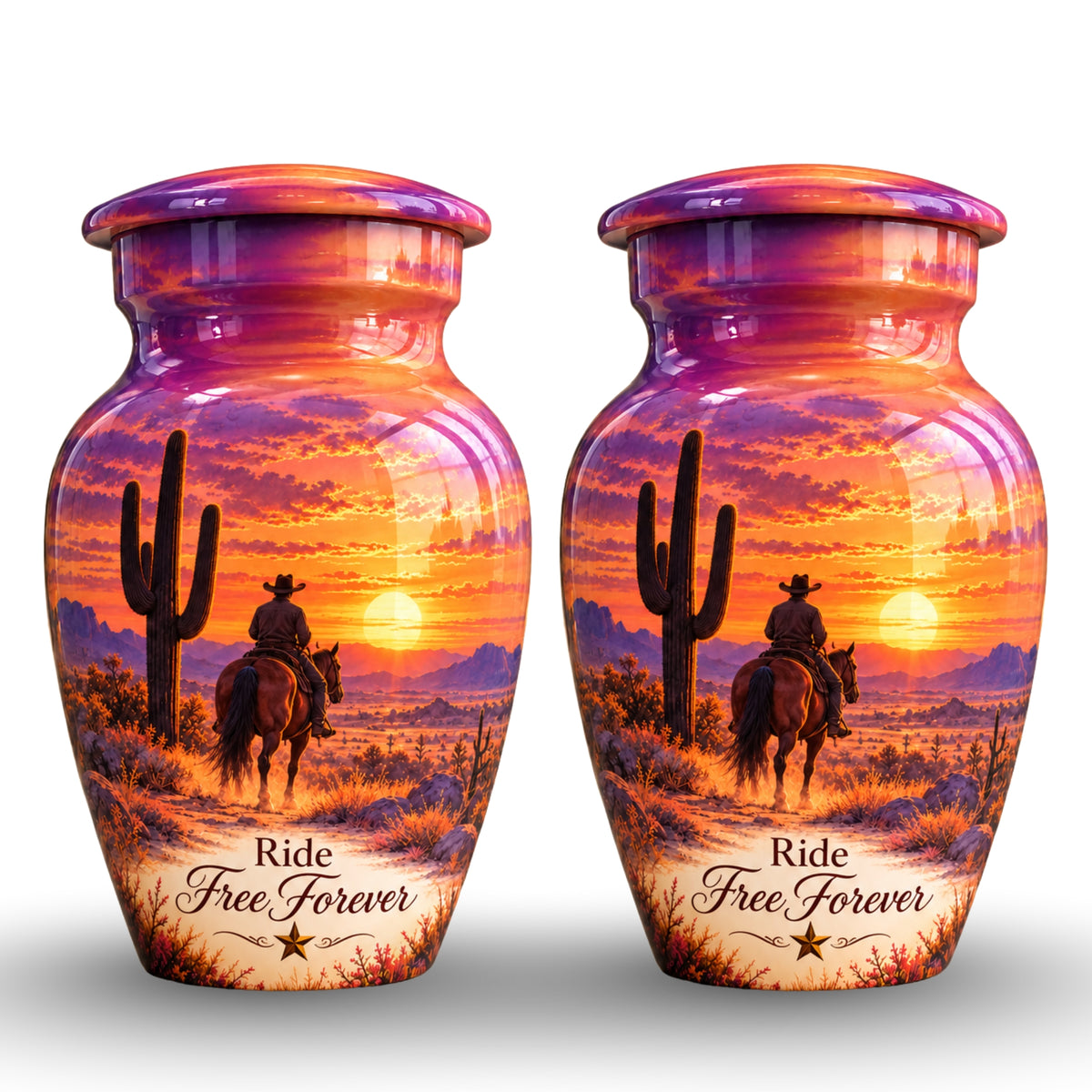 Cowboy Sunset Ride Cremation Urn for Human Ashes – Personalized Handmade Aluminum Urn