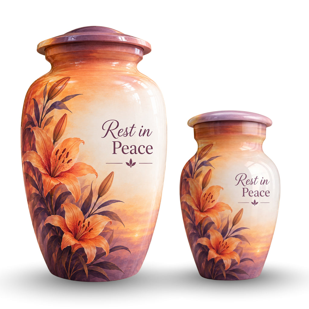 Orange Lily Memorial Cremation Urn for Human Ashes – Personalized Handmade Aluminum Urn