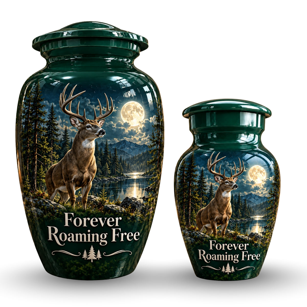 moonlit buck forest lake cremation urn for human ashes, handmade aluminum – photo 7