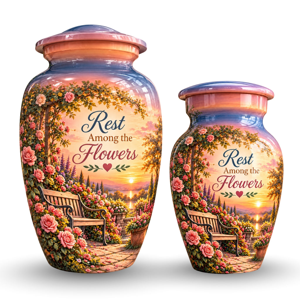 Rose Garden Bench Sunset Cremation Urn for Human Ashes – Personalized Handmade Aluminum Urn