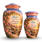 Rose Garden Bench Sunset Cremation Urn for Human Ashes – Personalized Handmade Aluminum Urn