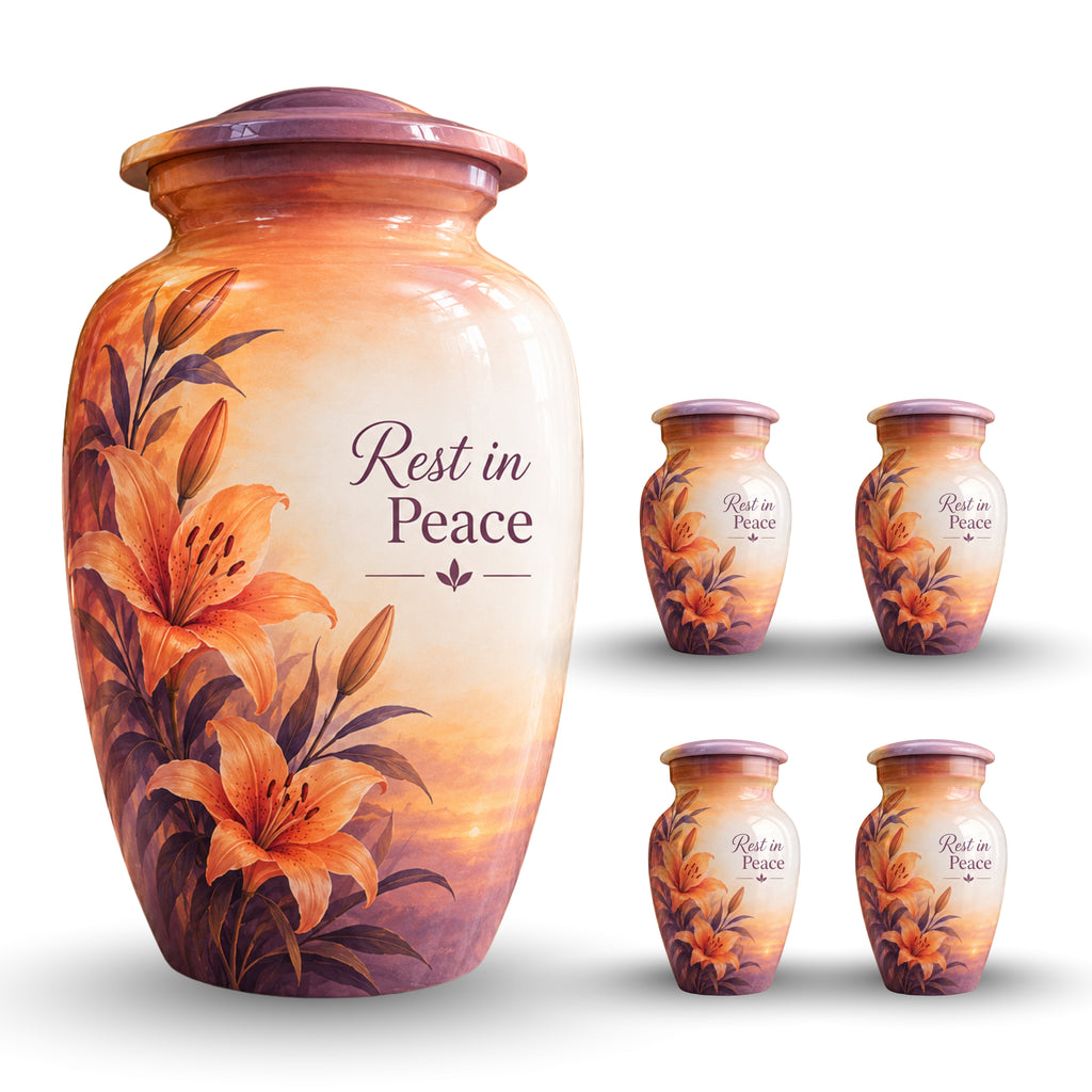 Orange Lily Memorial Cremation Urn for Human Ashes – Personalized Handmade Aluminum Urn