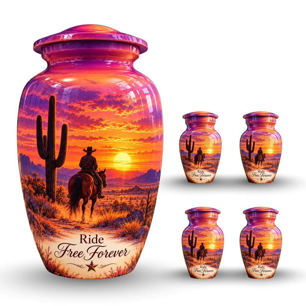 Cowboy Sunset Ride Cremation Urn for Human Ashes – Personalized Handmade Aluminum Urn