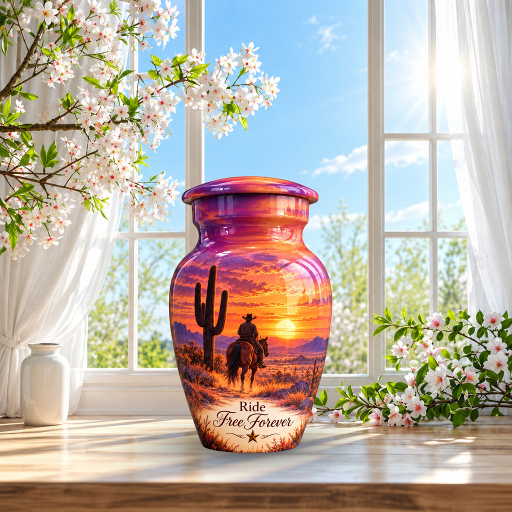 Cowboy Sunset Ride Cremation Urn for Human Ashes – Personalized Handmade Aluminum Urn