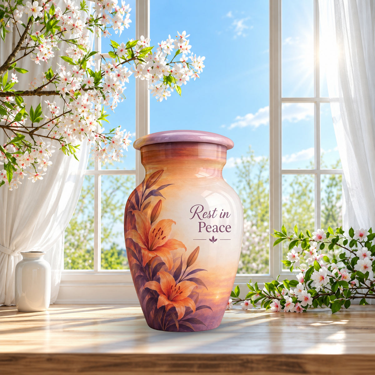 Orange Lily Memorial Cremation Urn for Human Ashes – Personalized Handmade Aluminum Urn