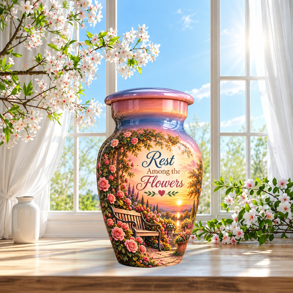 Rose Garden Bench Sunset Cremation Urn for Human Ashes – Personalized Handmade Aluminum Urn