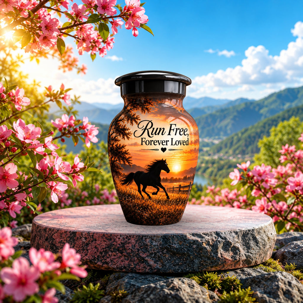 galloping horse sunset cremation urn for human ashes, handmade aluminum – photo 9