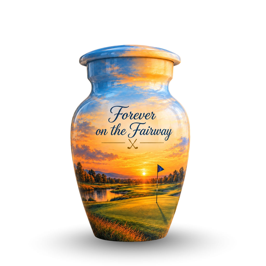 Golf Course Sunset Cremation Urn for Human Ashes – Personalized Handmade Aluminum Urn