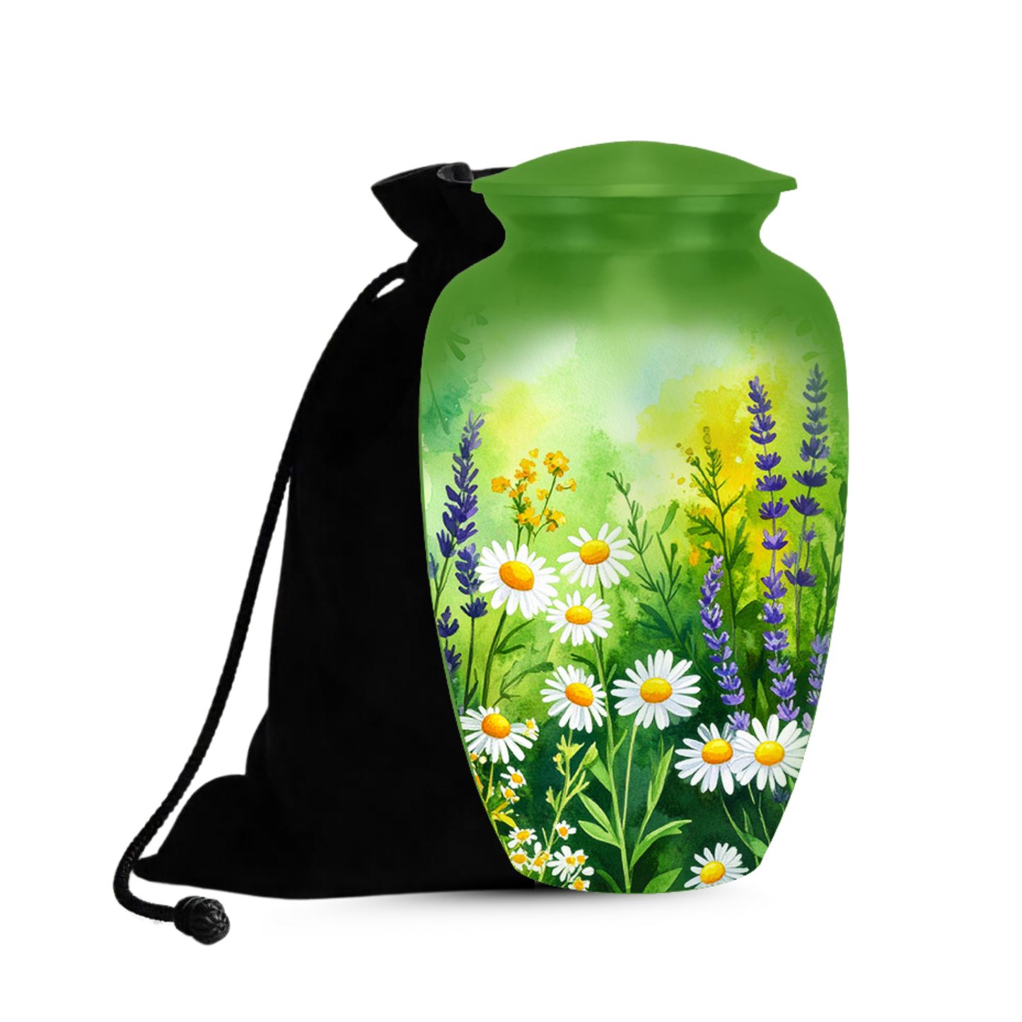 Green floral cremation urn with wildflowers