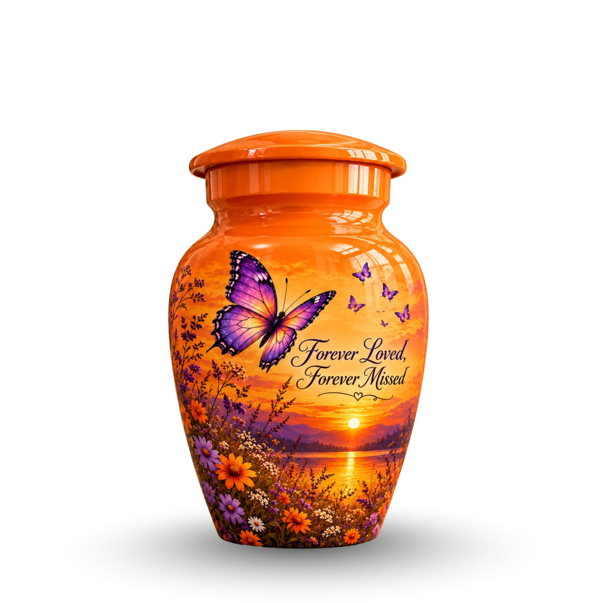Orange Sunset Purple Butterfly Cremation Urn for Human Ashes – Personalized Handmade Aluminum Urn