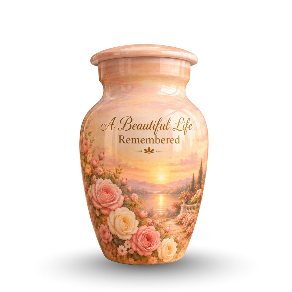 Rose Garden Sunset Cremation Urn for Human Ashes – Personalized Handmade Aluminum Urn
