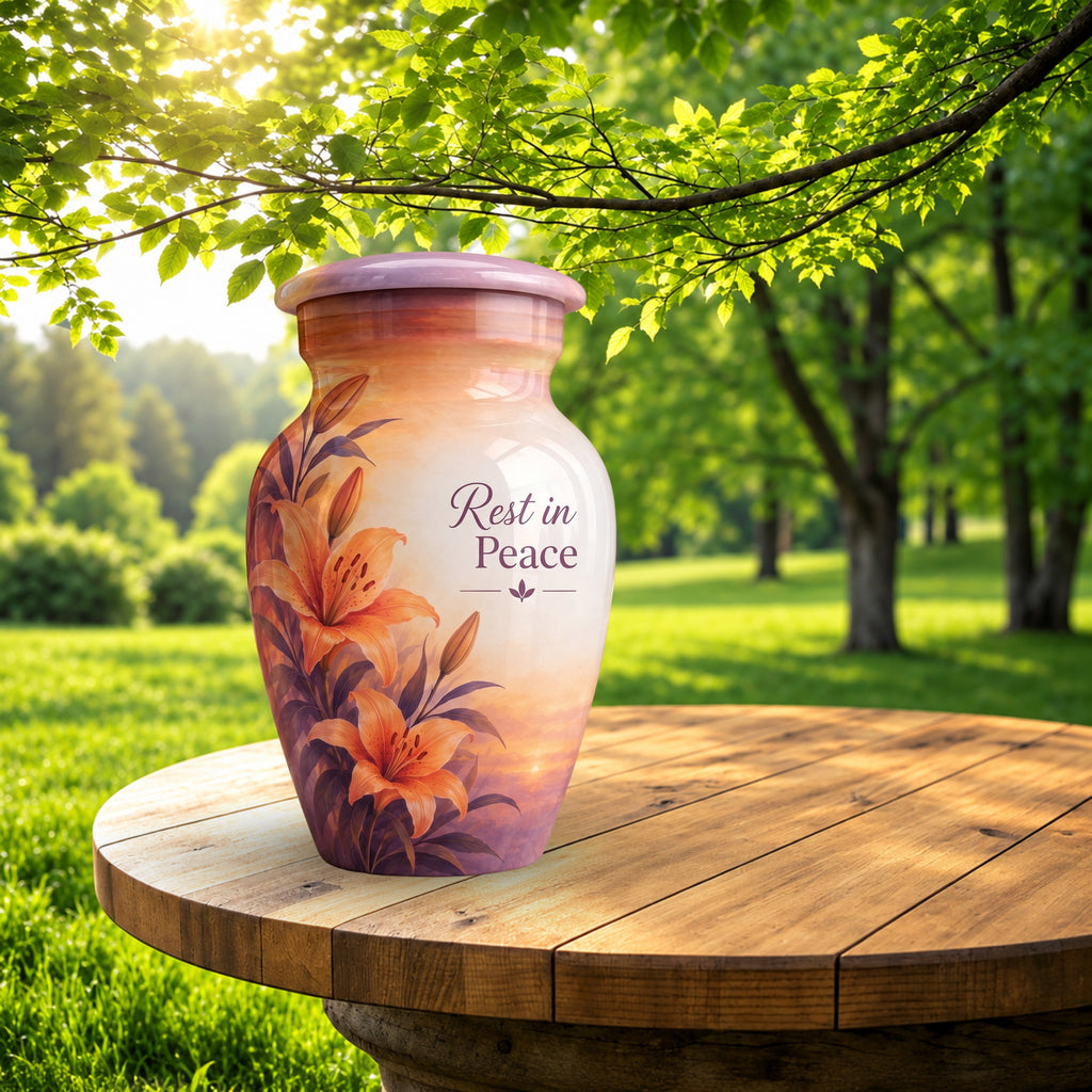 Orange Lily Memorial Cremation Urn for Human Ashes – Personalized Handmade Aluminum Urn