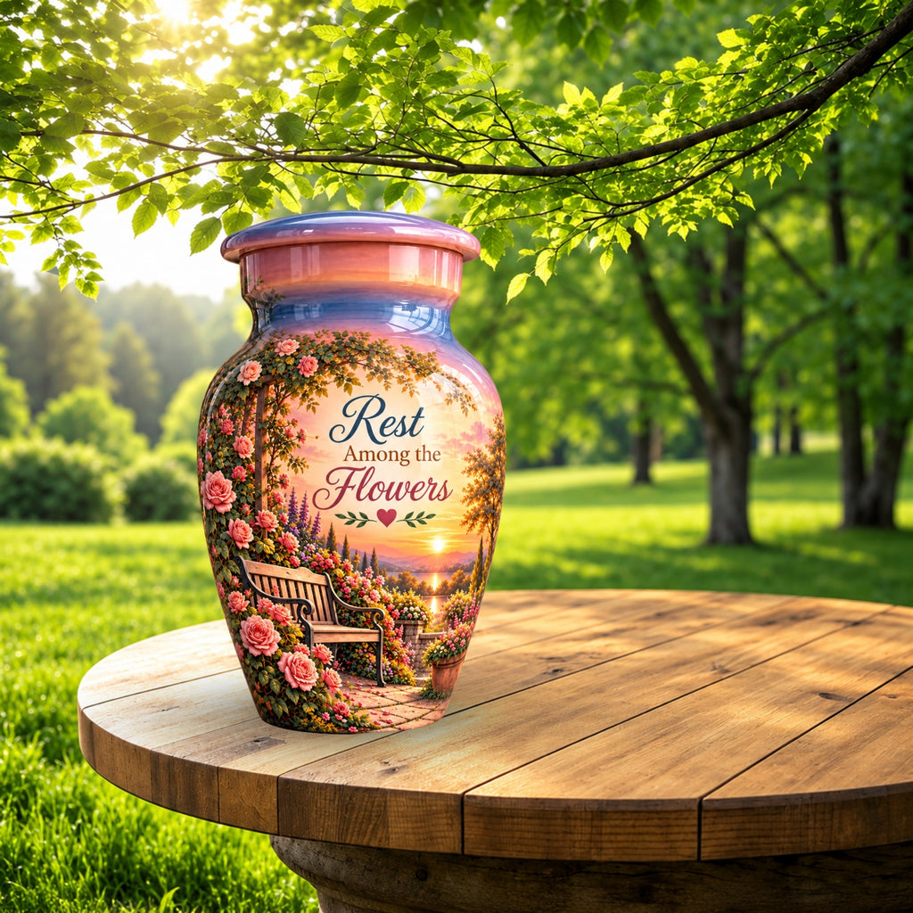 Rose Garden Bench Sunset Cremation Urn for Human Ashes – Personalized Handmade Aluminum Urn
