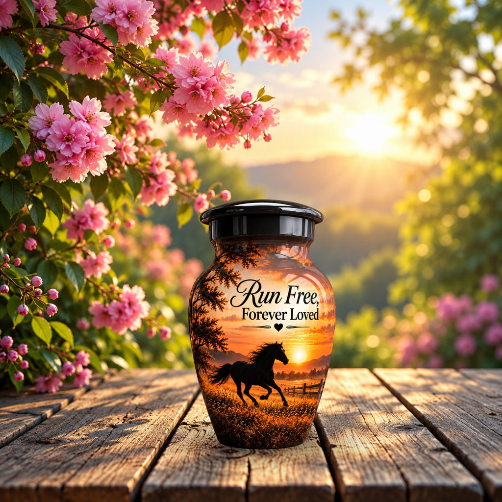 galloping horse sunset cremation urn for human ashes, handmade aluminum – photo 10