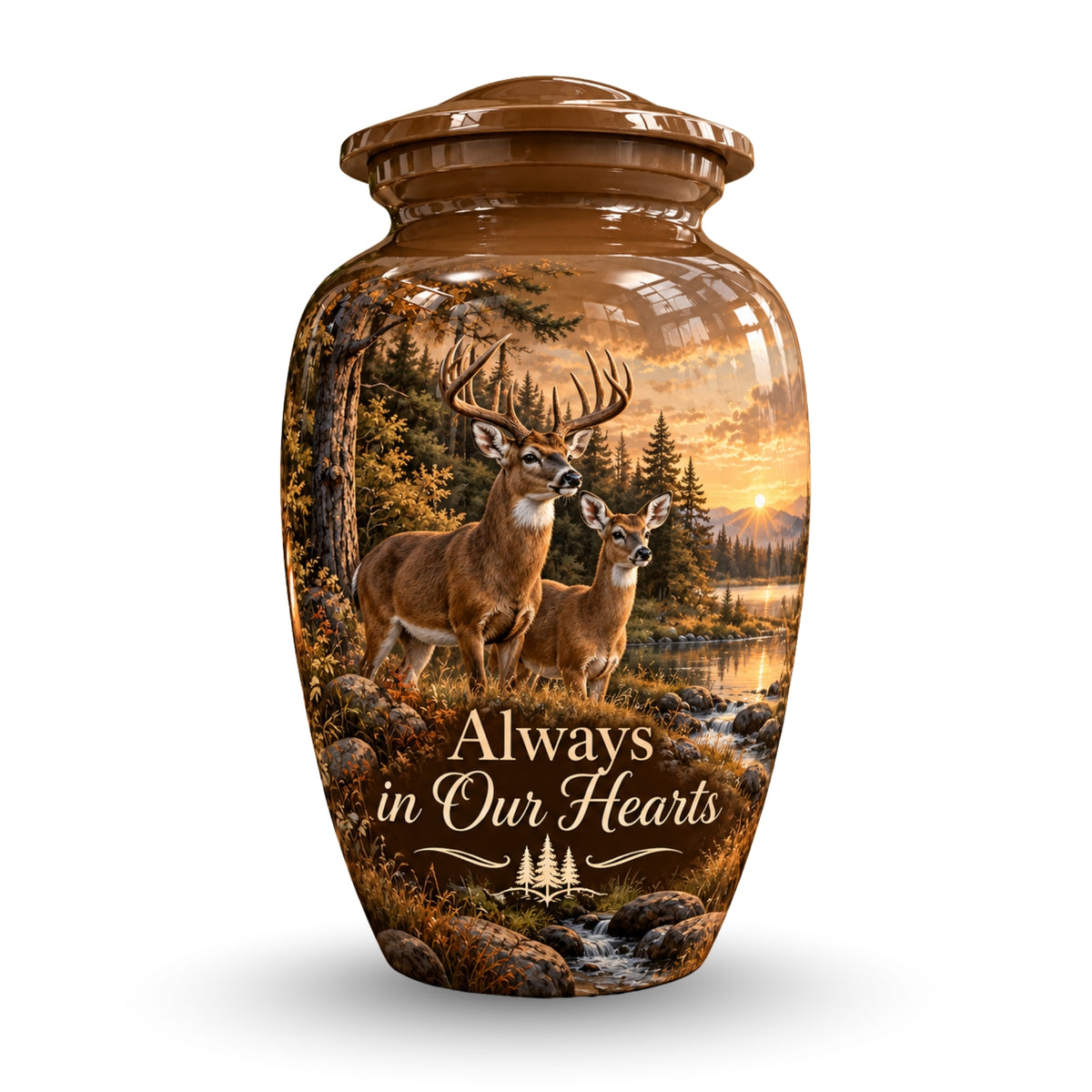 buck and doe forest sunset cremation urn for human ashes, handmade aluminum – photo 1