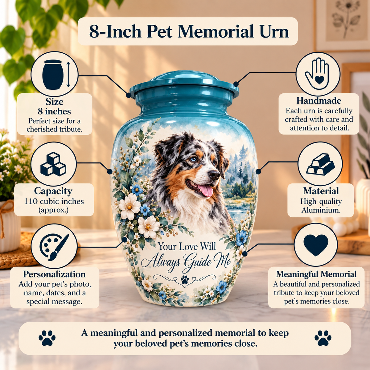 personalized dog memorial cremation urn for pet ashes, handmade aluminum pet memorial urn with photo – picture 1