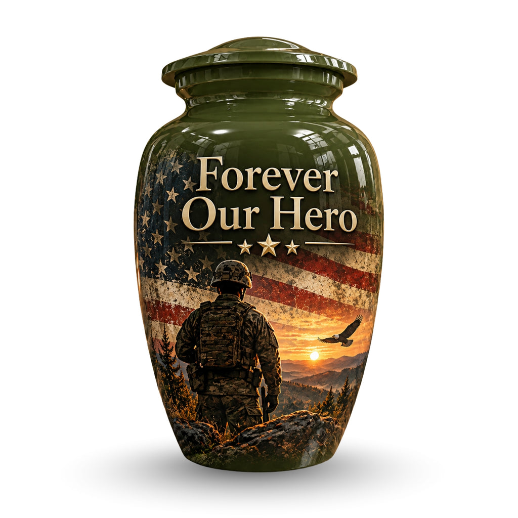 military veteran remembrance cremation urn for human ashes, handmade aluminum – photo 1