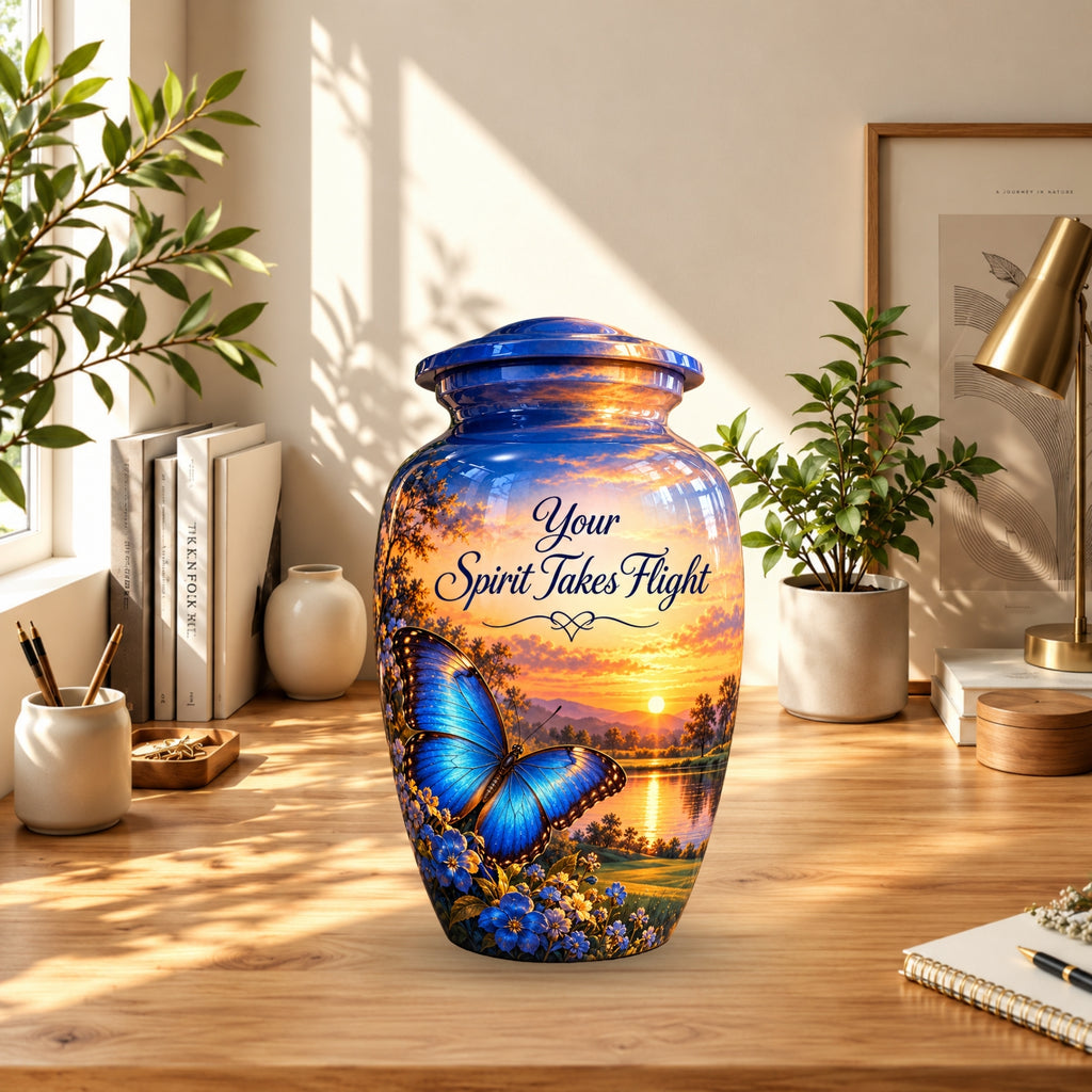 Blue Butterfly Sunset Cremation Urn for Human Ashes – Personalized Handmade Aluminum Urn