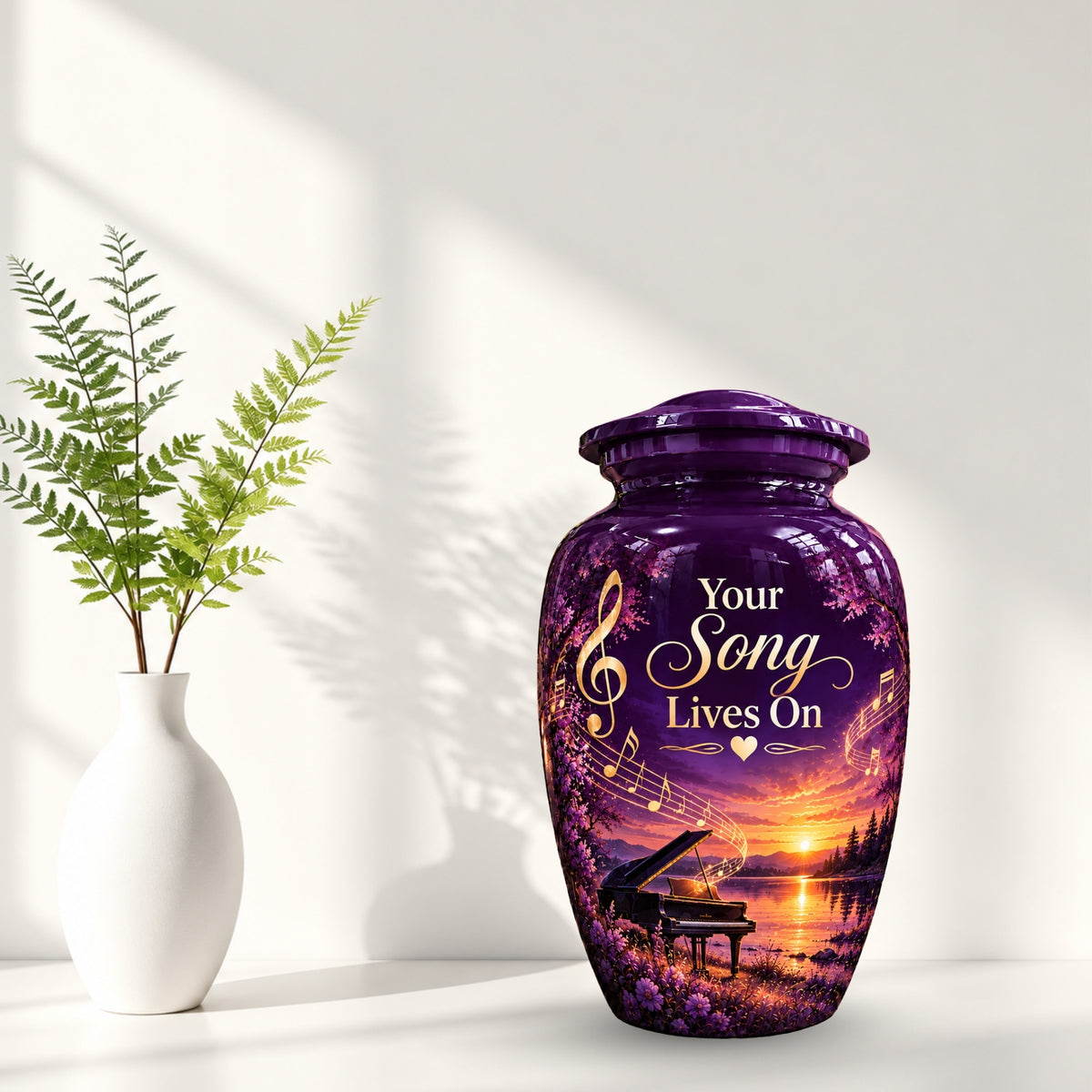purple sunset grand piano cremation urn for human ashes, handmade aluminum – photo 2