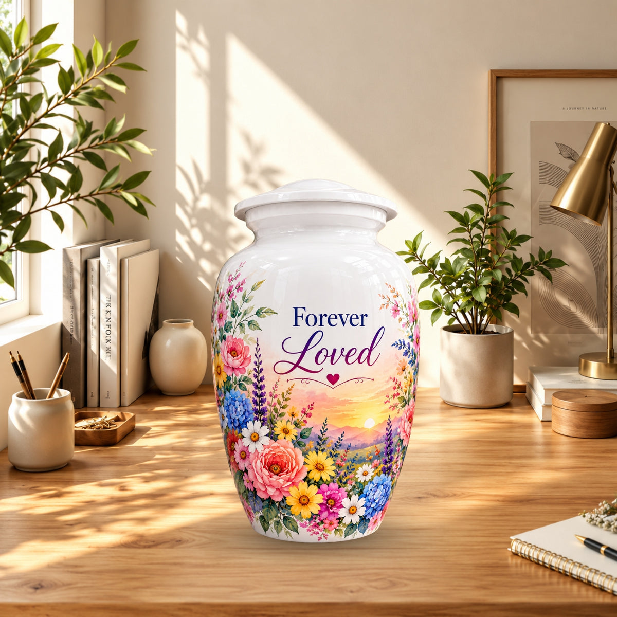 White Floral Sunset Cremation Urn for Human Ashes – Personalized Handmade Aluminum Urn