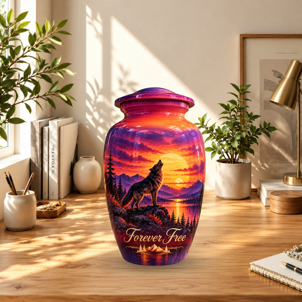 Howling Wolf Sunset Cremation Urn for Human Ashes – Personalized Handmade Aluminum Urn