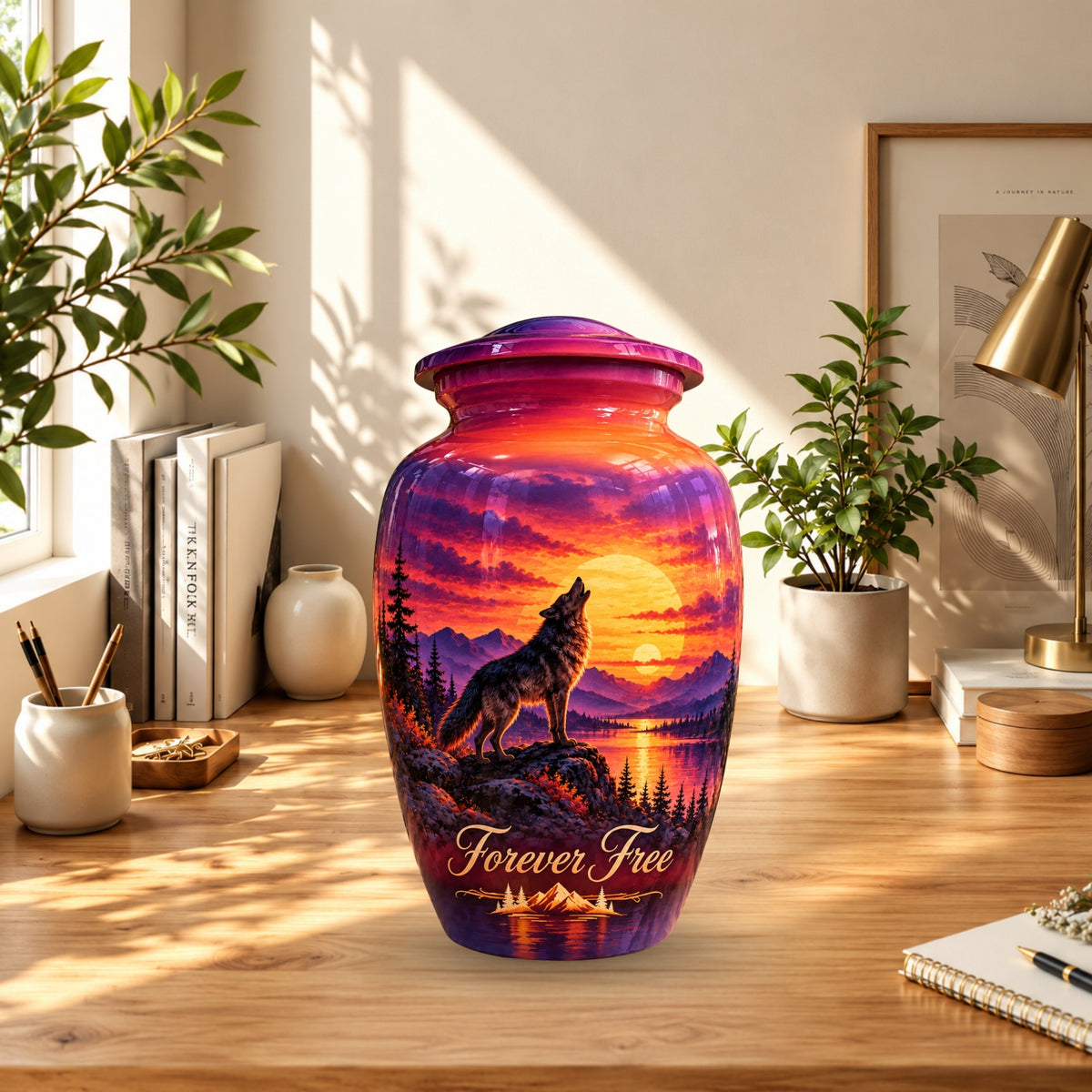 Howling Wolf Sunset Cremation Urn for Human Ashes – Personalized Handmade Aluminum Urn