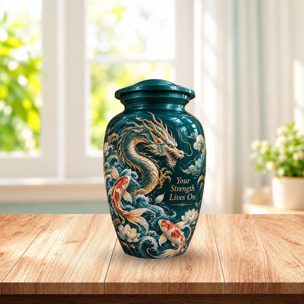 dragon cremation urn with keepsakes, handmade aluminum urn – photo 2
