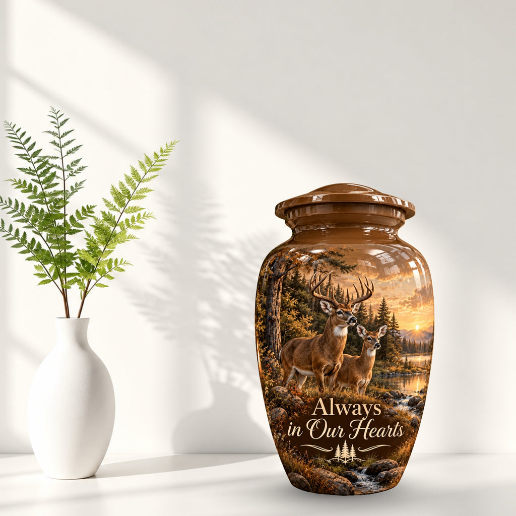 buck and doe forest sunset cremation urn for human ashes, handmade aluminum – photo 2