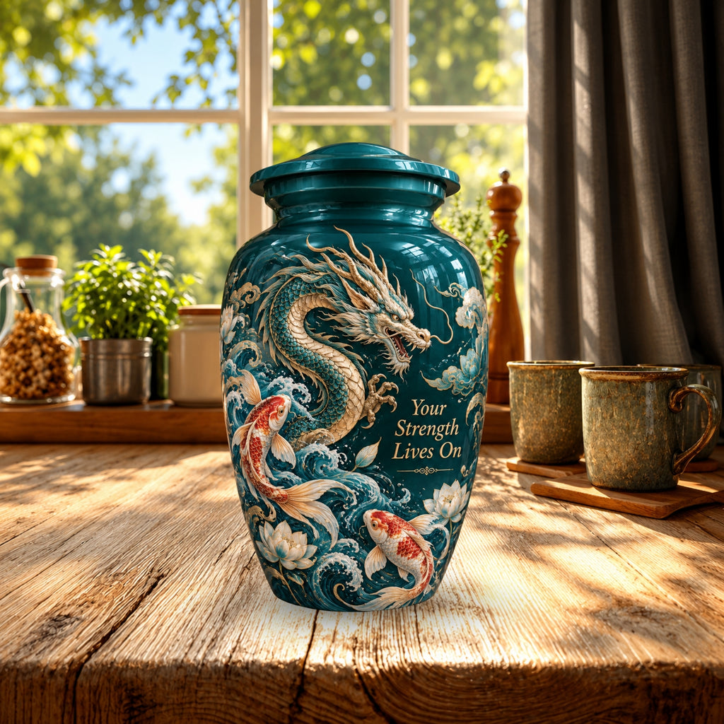 dragon cremation urn with keepsakes, handmade aluminum urn – photo 3