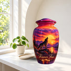 Howling Wolf Sunset Cremation Urn for Human Ashes – Personalized Handmade Aluminum Urn