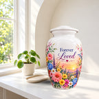 White Floral Sunset Cremation Urn for Human Ashes – Personalized Handmade Aluminum Urn