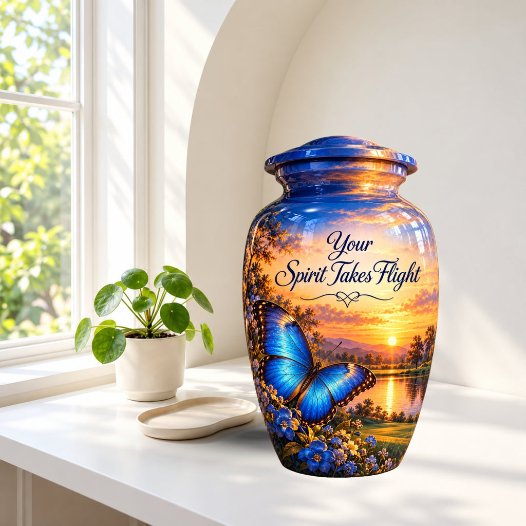 Blue Butterfly Sunset Cremation Urn for Human Ashes – Personalized Handmade Aluminum Urn
